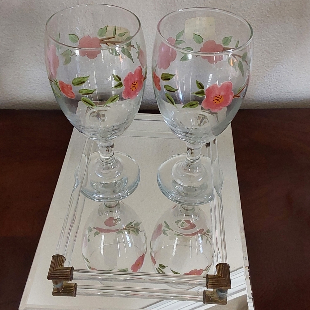 Franciscan Pink Floral Hand-Painted Goblets (Set of 2)